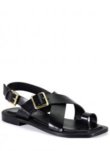 Women's Leather Toe Loop Flat Sandals In Black DIBA True