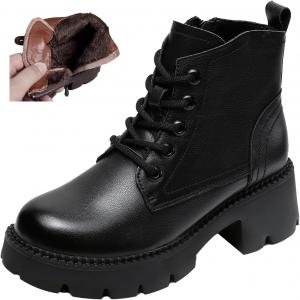 Женские кожаные ботильоны AngryMonkey на платформе с толстой подошвой, удобные и водонепроницаемые, с молнией, мотоботинки, короткие, осень/зима, Black Velvet