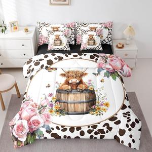 Erosebridal Детский комплект постельного белья Highland Cow с узором роз и коров из микрофибры для детей и взрослых, White Pink