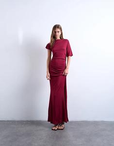 Асимметричное облегающее платье макси Topshop с короткими рукавами красного цвета