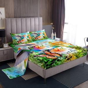 Erosebridal Комплект постельного белья Hummingbird Butterfly с водяными рисунками тропических птиц и зеленых растений, Multi 6