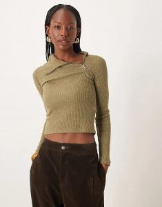 Супермягкий лонгслив ASOS DESIGN с длинными рукавами и молнией цвета хаки