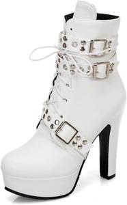 Женские ботинки Bellirala с шипами и пряжкой, боевые, на массивной платформе, ботильоны, готические, панк, на шнуровке, рыцарские, байкерские, на молнии, высокие каблуки, White