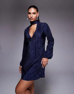 Мини-платье ASOS DESIGN с V-образным вырезом спереди и рукавами-фонариками, темно-синего цвета