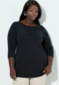 Футболка с длинными рукавами и цветочным принтом, расшитая пайетками. Ulla Popken, Black