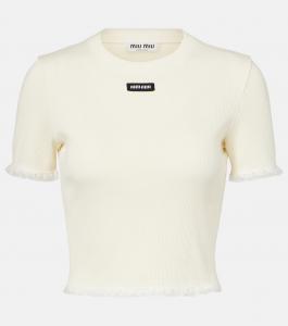 Укороченная хлопковая футболка с кружевной отделкой Miu Miu, Avorio