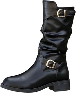 Женские сапоги с отворотом, свободного кроя, с массивным каблуком, квадратным носком, готические сапоги до колена, модные с пряжкой, без застежки, на широкую икру, сапожки для верховой езды Generic, Black