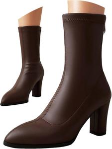 Женские ботильоны с острым носком, массивным высоким каблуком, без застежки, модные сзади на молнии, кожаные, удобные короткие ботинки, прогулочная обувь, осень-зима, стильные рабочие ботильоны на каблуке для женщин Generic, Brown