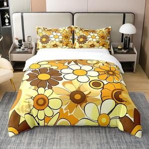 Erosebridal Комплект постельного белья Hippie Flower из 100% натурального хлопка с ретро-цветочным принтом в стиле 60-70-х годов, Brown Yellow