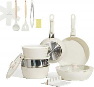 Набор керамической посуды BECIGAR со съемной ручкой, 21 предмет, кремовый / белый