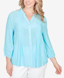 Топ большого размера из однотонной шелковистой ткани с фактурой слаб, плиссированный, на пуговицах спереди Ruby Rd, Aruba Blue