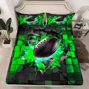 Erosebridal Комплект постельного белья American Football с неоновыми зелеными сетками для любителей регби, Black Brown Green