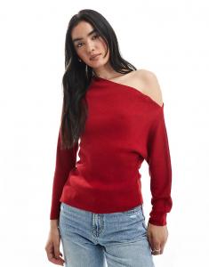 Асимметричный трикотажный топ ASOS DESIGN с открытыми плечами в рубчик красного цвета