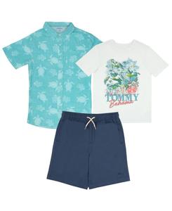 Детская рубашка с коротким рукавом, гавайским принтом, на пуговицах Tommy Bahama, Green/aqua/navy