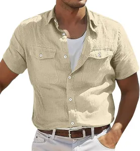 Рубашка с карманами мужская летняя casual, короткий рукав, льняная