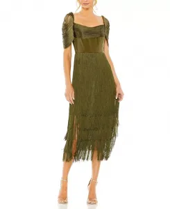 Платье миди с короткими рукавами и бахромой Mac Duggal, зеленый