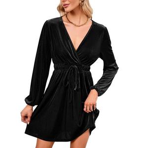 Элегантное вечернее женское мини-платье из бархата с запахом и v-образным вырезом Seoria, Black