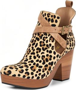 Женские ботильоны FOWT с круглым носком, на среднем толстом каблуке, с ремешками и вырезами, на все сезоны, размеры 4-16 US, Leopard