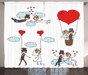 Забавная штора в деревенском стиле от ABAKUHAUS, мультфильм "Молодожены", универсальные ленточные шторы для гостиной с петлями и крючками, 280 x 245 см, цвет: красный, мятно-зеленый, серый Abakuhaus