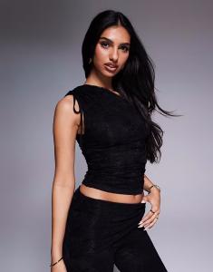 Эксклюзивный двухслойный облегающий топ на одно плечо со сборками и кружевом, черный цвет Kaiia