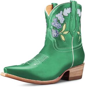 Женские ковбойские ботинки с острым носком в ретро стиле с вышивкой, на низком каблуке-блоке, на молнии, удобные, для вечеринок и повседневной носки, размеры 4-16 US Wansseny, Green