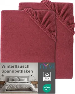 Простыня на резинке DreamScience Winter Fluff 140x200 - 160x200 см, бордо, 2 шт., для матрасов высотой до 22 см - согревающая и мягкая, зимняя простыня на резинке NYVI