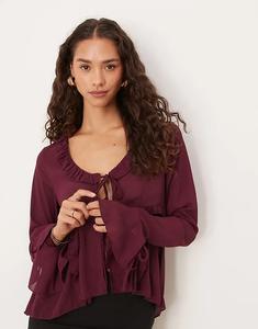 Блузка Brave Soul с длинными рукавами, сетчатой оборкой и завязкой спереди, бордового цвета