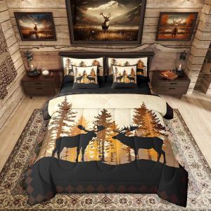 Erosebridal Комплект постельного белья Deer Hunting в деревенском стиле с принтом лесных оленей из хлопка, Yellow Black Beige