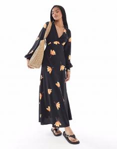 Гламурное макси-платье с V-образным вырезом и длинными рукавами в черном цвете с оранжевым цветком Glamorous