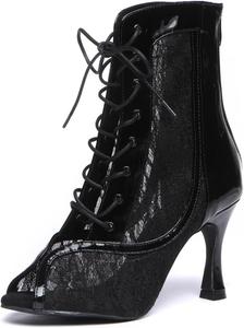 Женские танцевальные ботинки до щиколотки для бальных танцев с сеткой и шнуровкой, латинские танцевальные туфли LITNERMIA, Al563/Black Grey 9Cm Heel