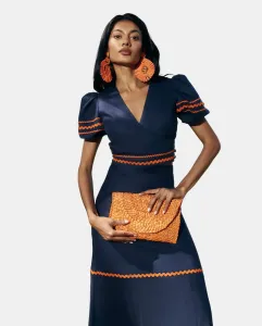 Женский топ с V-образным вырезом и пышными рукавами MIPHAI, темно-синий