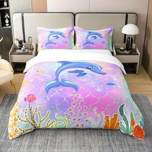 Erosebridal Комплект постельного белья из 100% органического хлопка с принтом китов в стиле кавай и радужным градиентом, Purple Blue Green