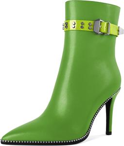 Younton Женские ботильоны на высоком каблуке-стилет с бусинами, заостренным носком, боковой молнией и пряжкой, из матовой кожи, 3,5 дюйма