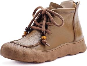 Женские ботильоны из натуральной кожи на шнуровке с круглым носком, ретро стиль, удобные, с меховой подкладкой, мягкой подошвой, на плоской подошве, повседневные, осенне-зимняя мода QIJOZXN, Khaki