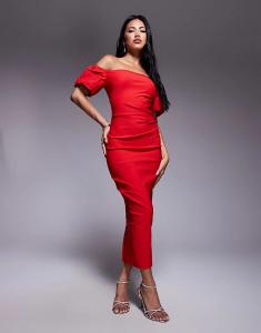 Платье мидакси Vesper bengaline bardot с рукавами-буфами и сборками по бокам красного цвета