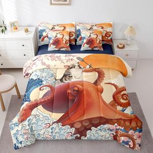 Erosebridal Японский стиль комплект постельного белья для детей с морскими волнами и милыми осьминогами в стиле кавай из сакуры, Beige Navy Chocolate Brown