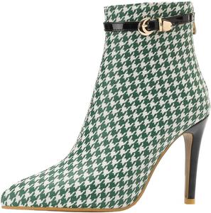LYYSKY Женская мода Ботильоны на высоком каблуке 10 см Клетчатые с короткой голенью Застежка-молния сзади Заостренный носок Декор металлической пряжкой Туфли-лодочки на шпильке, Light Green