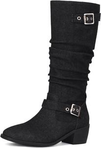 Женские джинсовые сапоги AngryMonkey до середины икры с ремнями и пряжками, стиль вестерн-ковбой, с квадратным носком, удобным массивным низким каблуком, для вечернего образа, больших размеров, высокие сапоги до колена