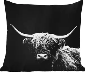 Подушка для улицы - Шотландская горная корова - Черный - Белый - Животные - 60 x 60 см - Водонепроницаемая - Подушка для отдыха - Декоративная - Подушка для сна MuchoWow