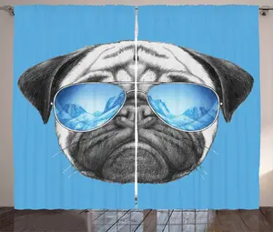 Штора ABAKUHAUS "Мопс в деревенском стиле", портрет с солнцезащитными очками, универсальная ленточная штора для гостиной с петлями и крючками, 280 x 175 см, цвет "Черный жемчужно-синий" Abakuhaus