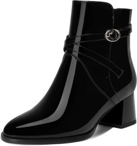 Женские ботинки AMBELIGHT с пряжкой, для путешествий, с круглым носком, наружной лакированной кожей, ремешком на щиколотке, на устойчивом низком каблуке 2 дюйма, Black
