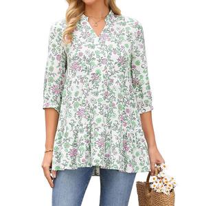 Женская блуза с 3/4 рукавом, цветочным принтом, v-образным вырезом и ярусами Inspire Chic, White