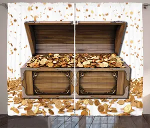 Штора для сундука ABAKUHAUS в деревенском стиле, с золотыми монетами на тему богатства, универсальная, с петлями и крючками, для гостиной, 280 x 225 см, цвет: земляная умбра Abakuhaus