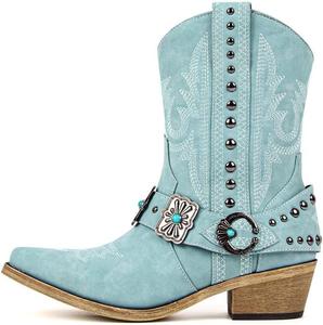 Только сапоги Cowgirl Western для женщин, высокие до щиколотки, с вышивкой, заостренным носком, ковбойские, для родео и кантри-концертов Only maker, Turquoise