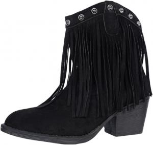 Женские ковбойские сапоги с низким каблуком в западном стиле, бахромой и заклепками, средняя голень, ботильоны XinYiQu, Black