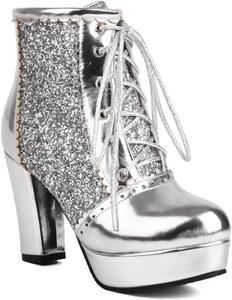 Женские массивные ботильоны на высоком каблуке с шнуровкой, круглый носок, блестки и пайетки, зимние, нарядные, короткие JOEUSTY, Silver-Velvet Lined