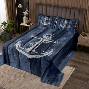 Erosebridal Винтажный комплект постельного белья с принтом якоря в морском стиле, синий цвет, стеганый, White,navy Blue