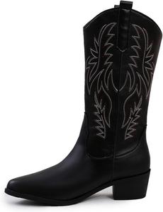 Ковбойские сапоги для женщин, сапоги каубойские с широкой голенью, заостренный носок, вышивка, массивный каблук, западные сапоги средней длины Generic, Black