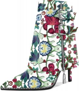 Женские сапоги Mettesally с отворотом, широкие, средней длины до икры, на высоком каблуке-кубике, расшитые бусинами, с молнией, с заостренным носком, женские ботильоны