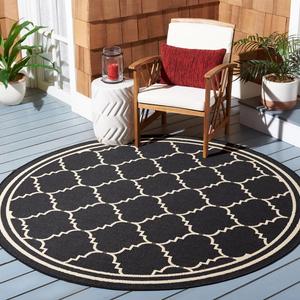 Ковер SAFAVIEH, 201 x 201 см, Washable Rug Outdoor Courtyard Collection - круглый, Black & Cream, без линьки и легкий в уходе, идеален для патио, заднего двора, прихожей (CY6889-26)